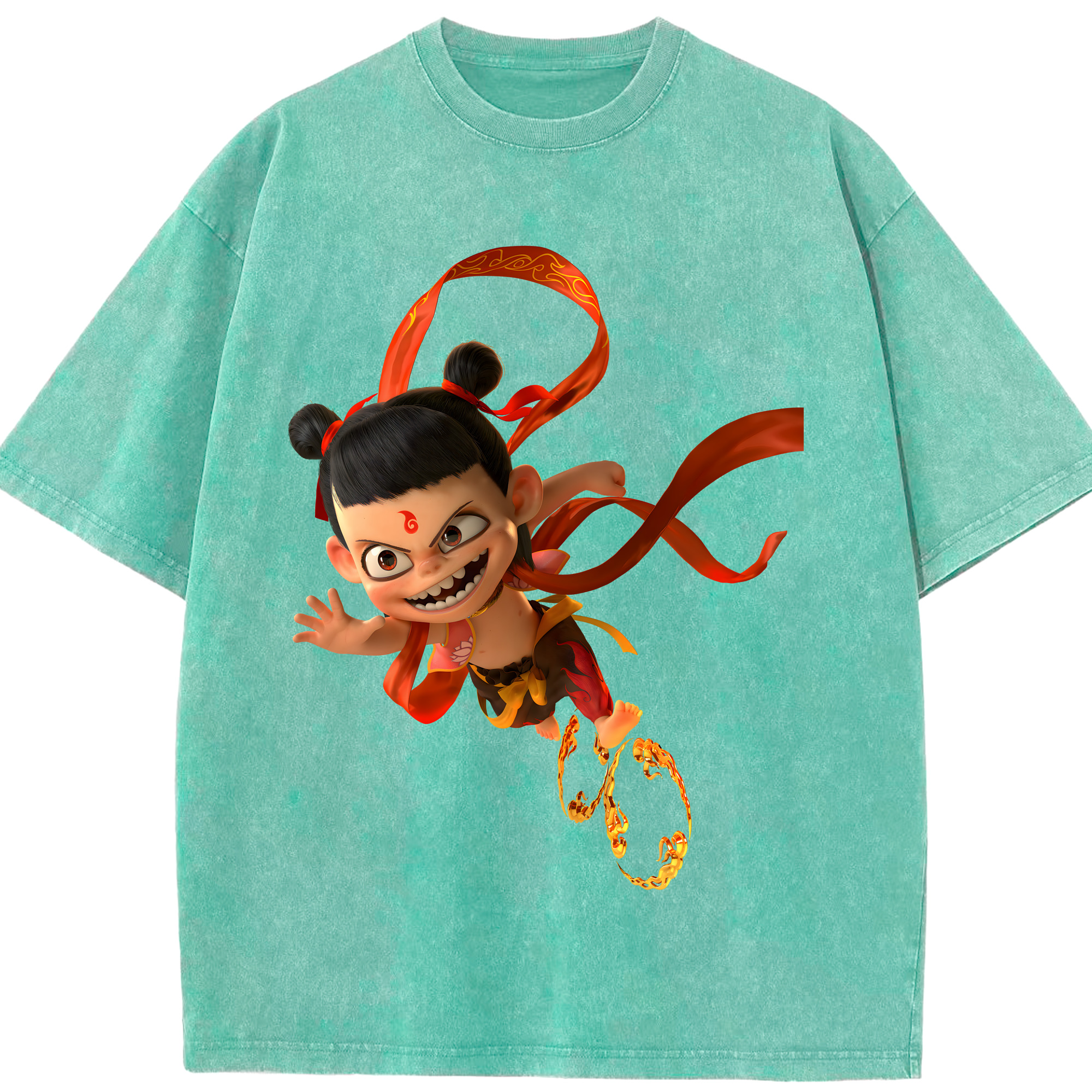 （画像用） Ne Zha 2 ナタ 魔童の大暴れ 綿100% ヴィンテージ風 半袖Tシャツ（フロントプリント）